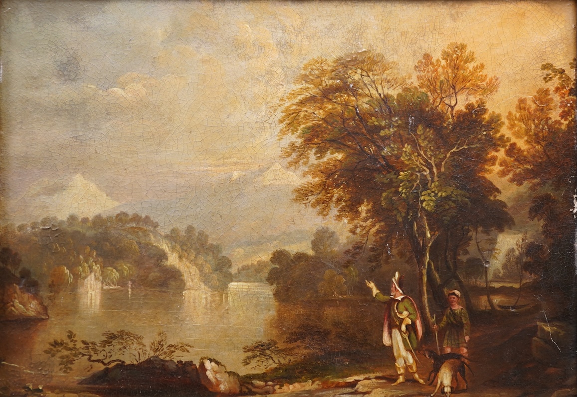 Attributed to Claude Gellée called Le Lorrain, French (1600-1682), Lakeland landscape with figures and dogs to the foreground
